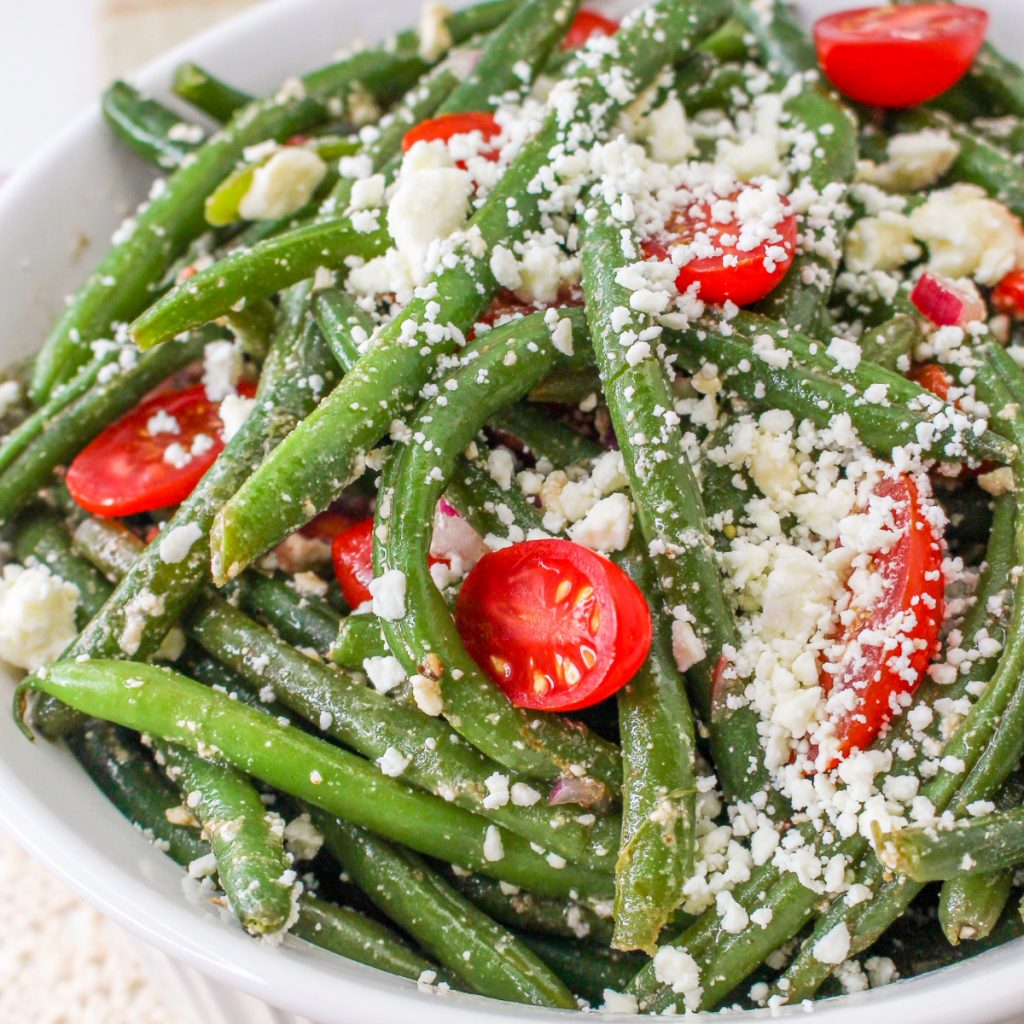 Green bean salad recipe tossed with balsamic dressing.