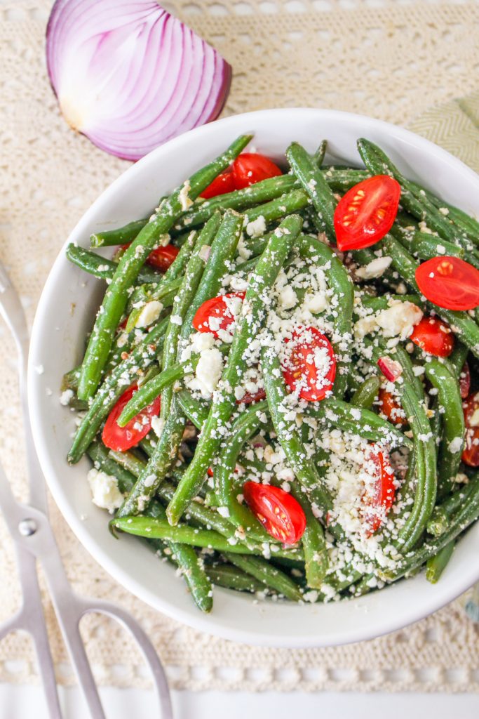 Top view of green bean salad recipe. 