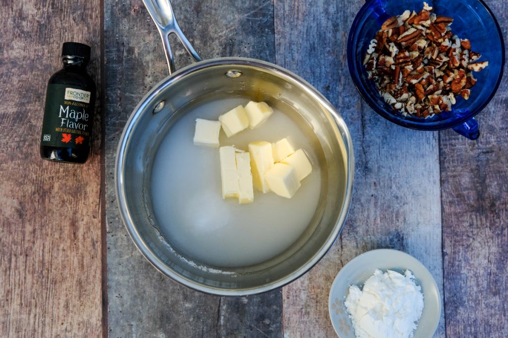 Butter, sugar and water in a stainless saucepan.