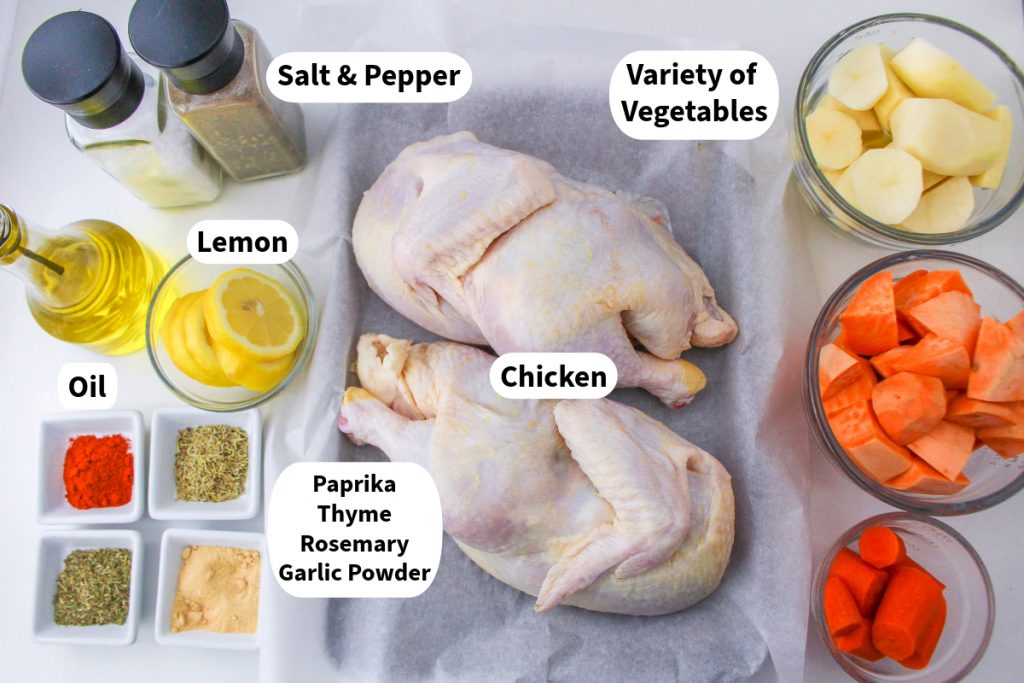 Ingredients needed to make roasted half chicken with vegetables. 
