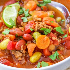 Copycat Panera turkey chili in a white soup bowl.