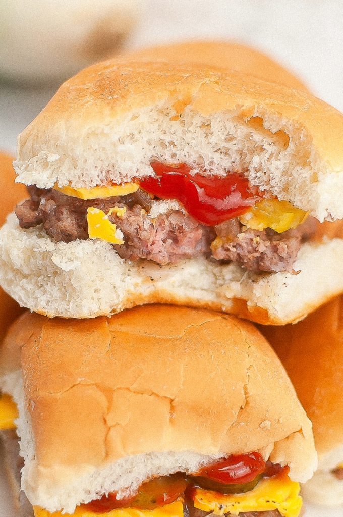 A stack of White castle sliders.