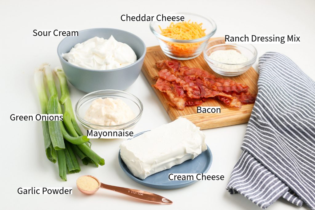 Ingredients to make bacon cheddar ranch dip.