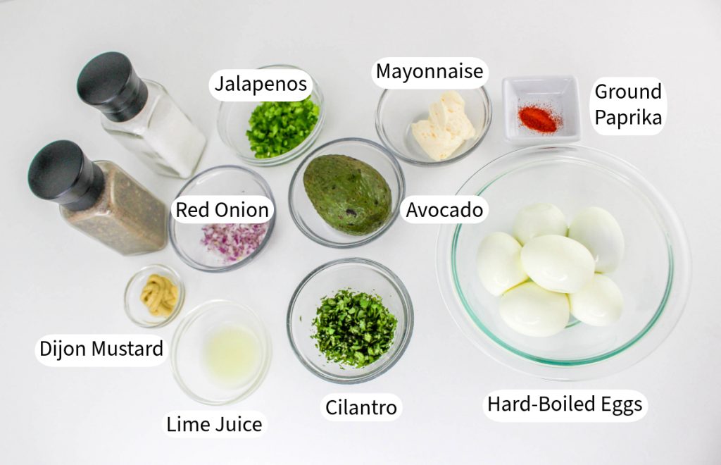 Ingredients to make spicy avocado deviled eggs. 