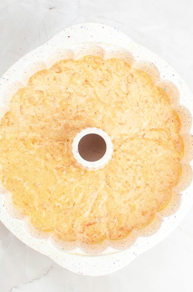 Cake batter in a bundt pan before baking. 