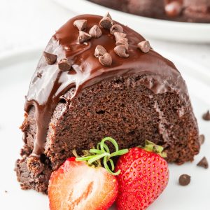 A slice of homemade Chocolate Bundt Cake Recipe made from scratch.