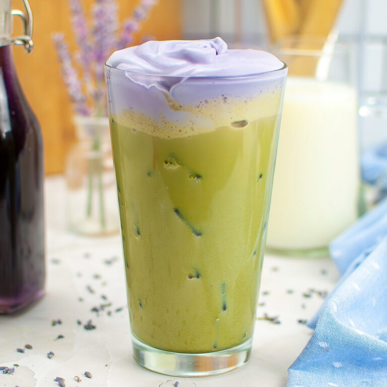 Copycat Starbucks lavender matcha latte recipe in a clear glass.