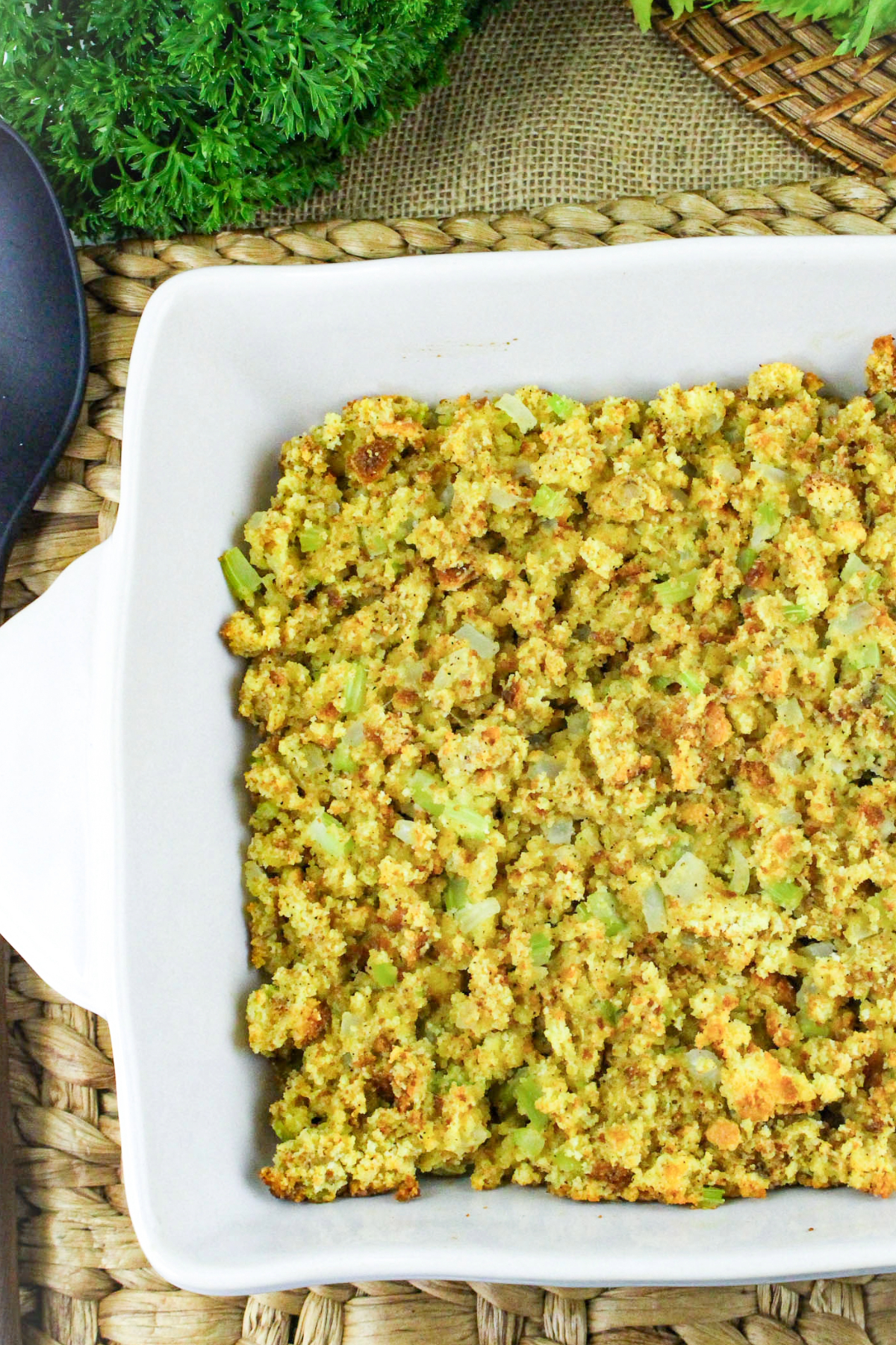 Baking dish full of cornbread dressing.