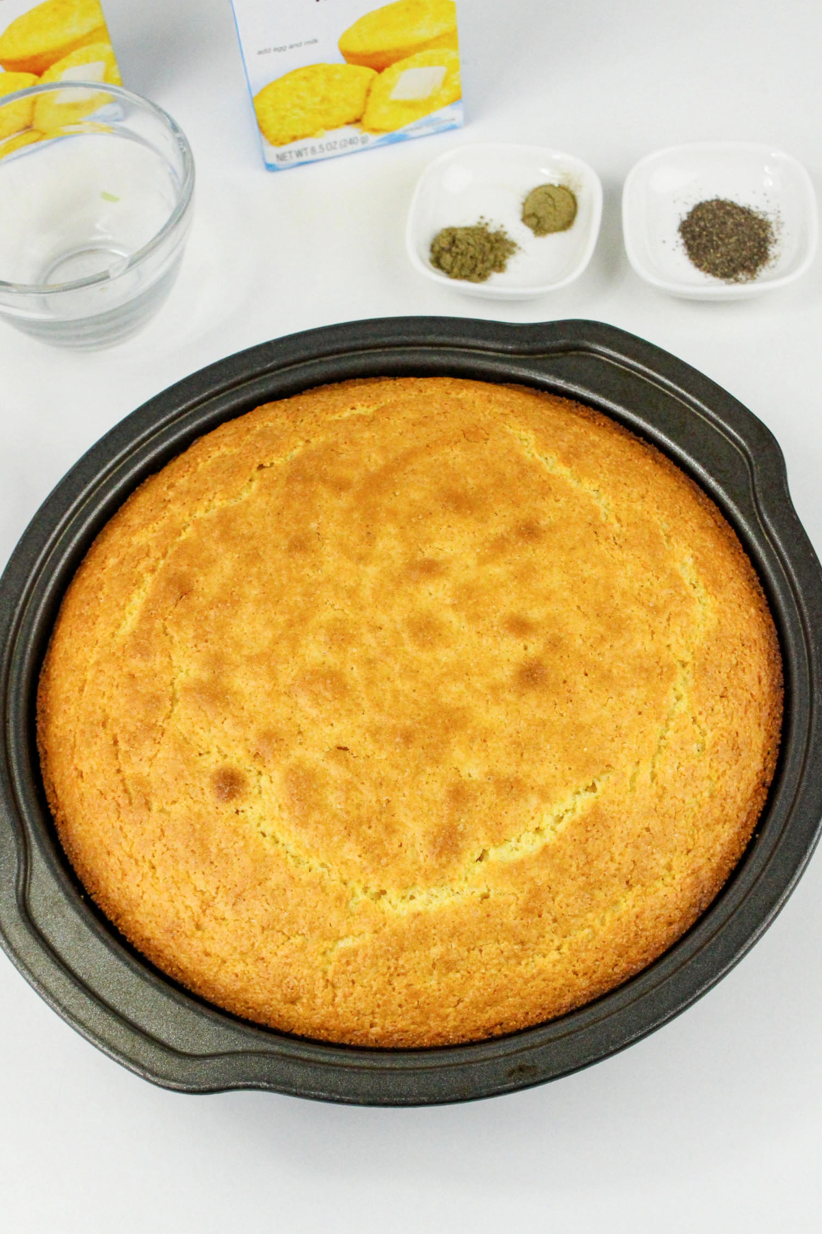 Cornbread in a baking pan.