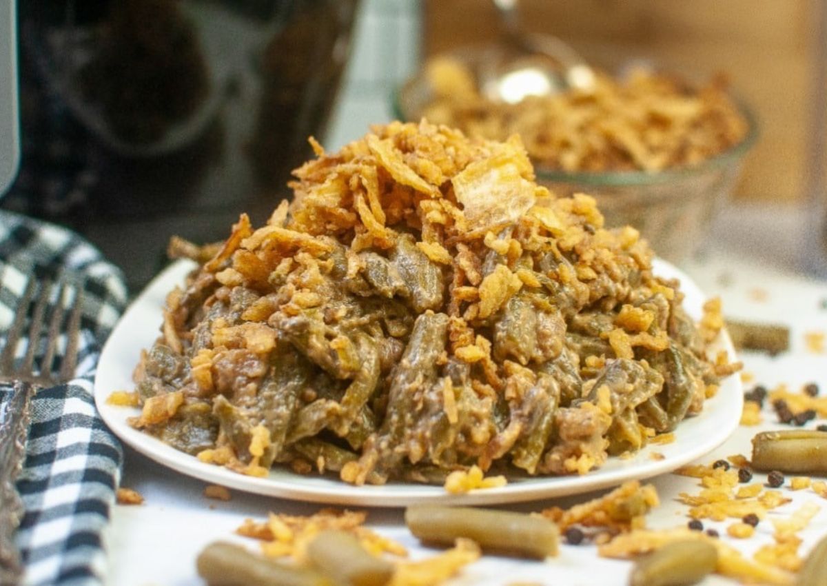 Green bean casseorle on plate.