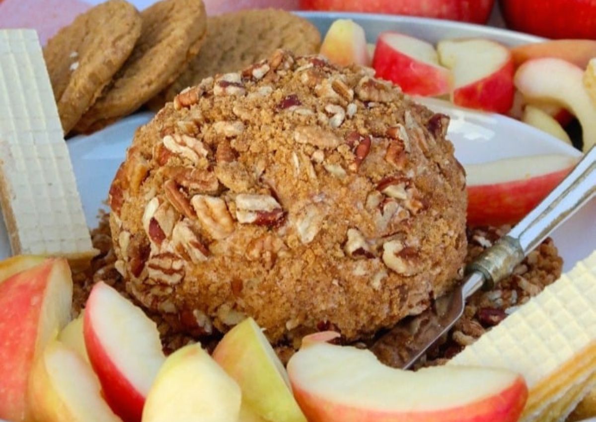 Apple cheese ball on platter.