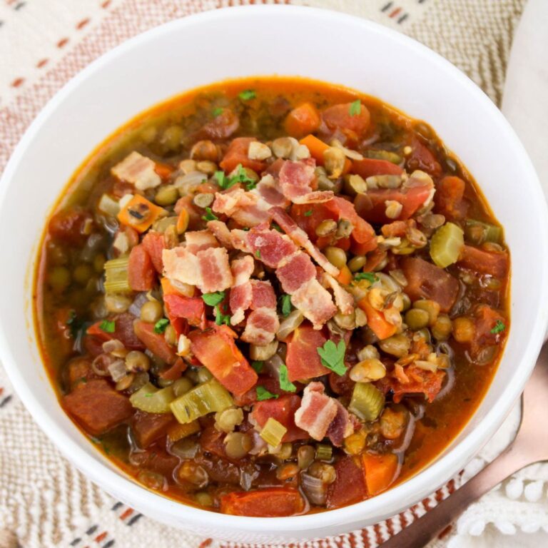 Bowl full of bacon lentil soup.