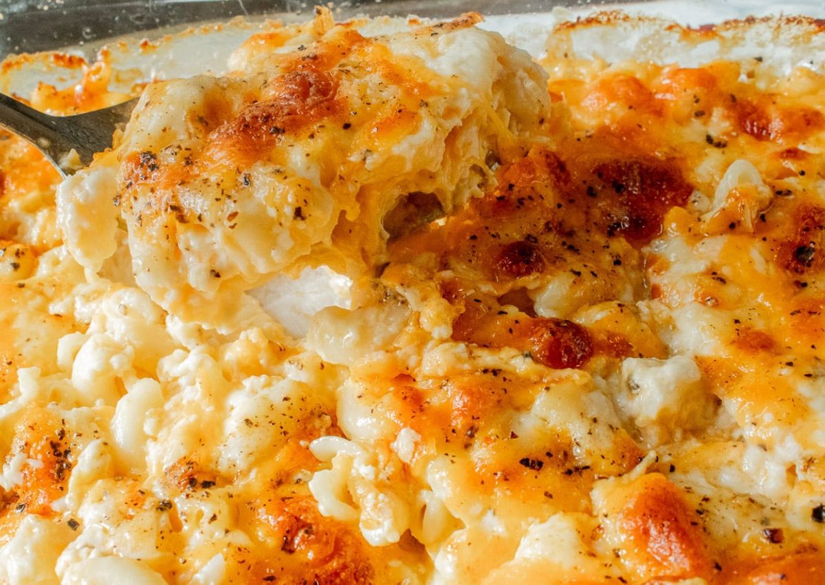 Baked mac and cheese in baking dish.