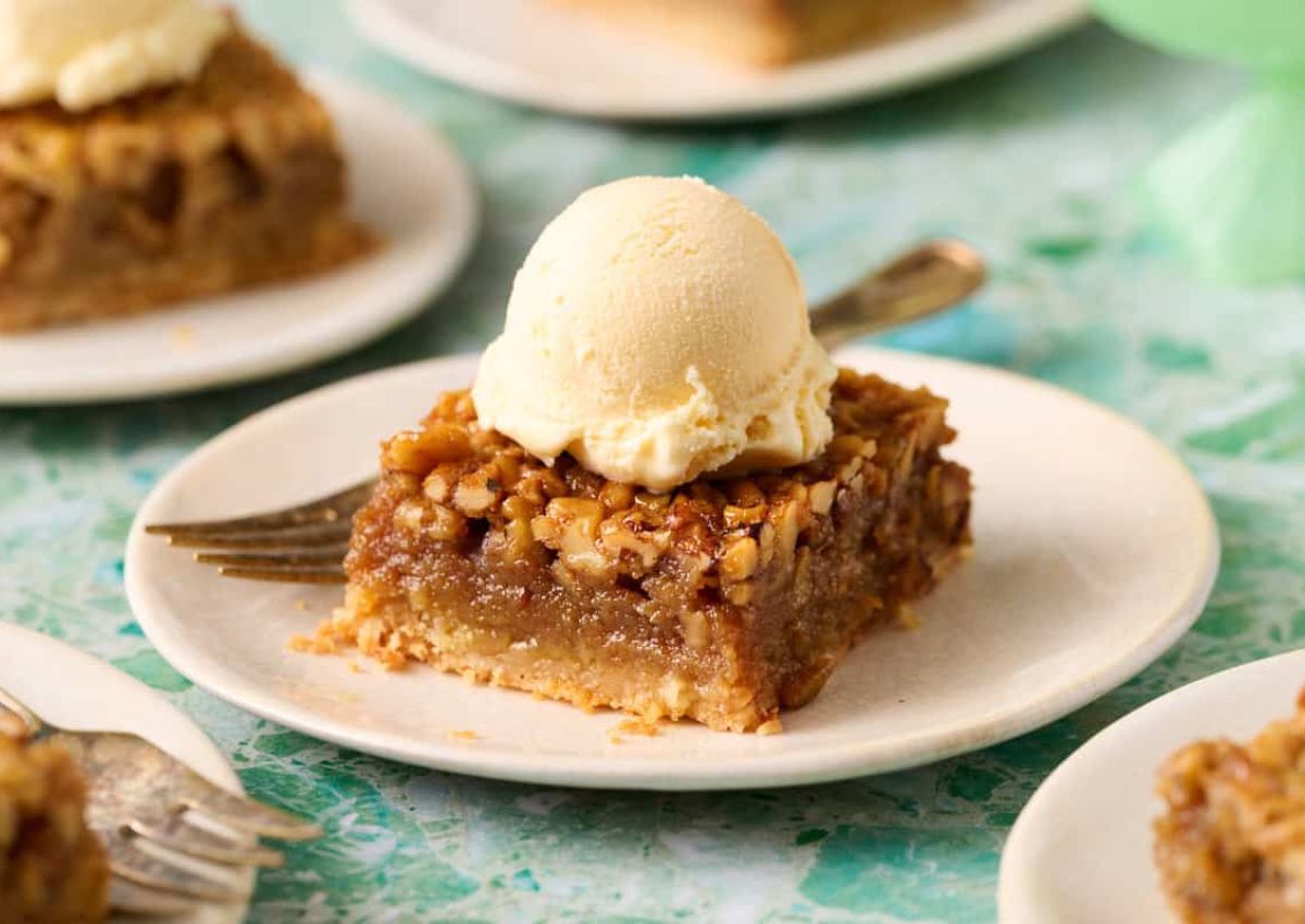 Bourbon pecan bar on plate.