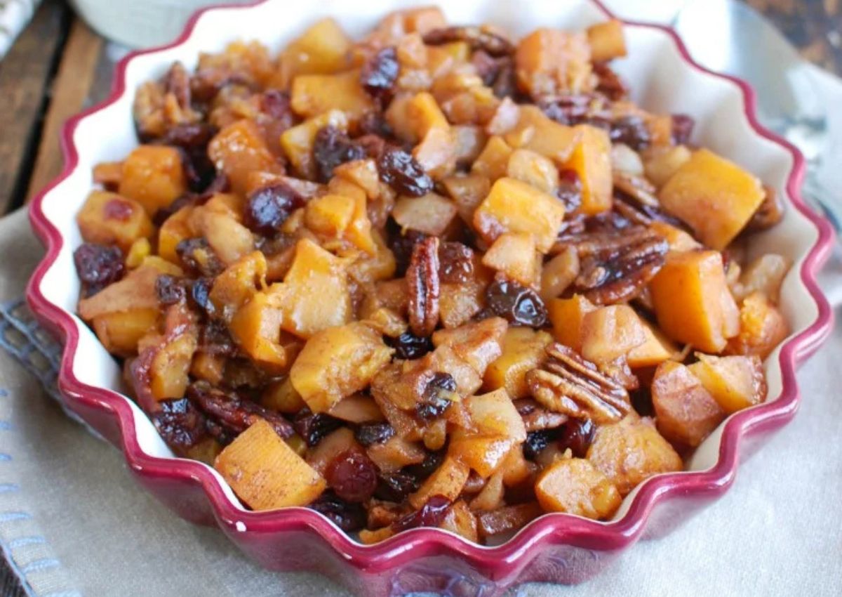Butternut squash bake in pie plate.