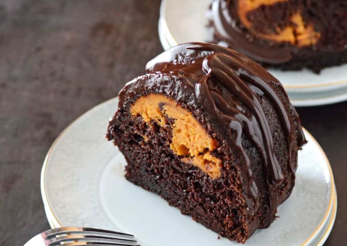 Slice of chocolate pumpkin bundt cake.