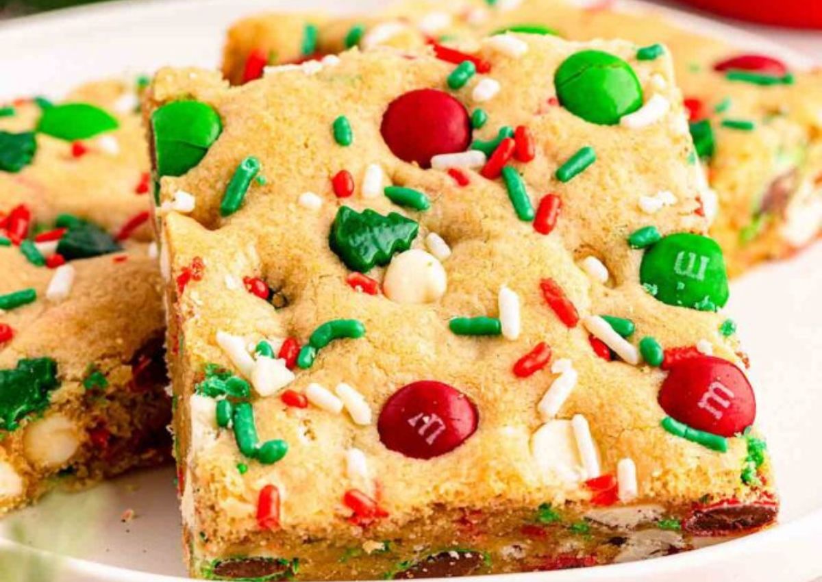 Cookie bars on a serving tray.