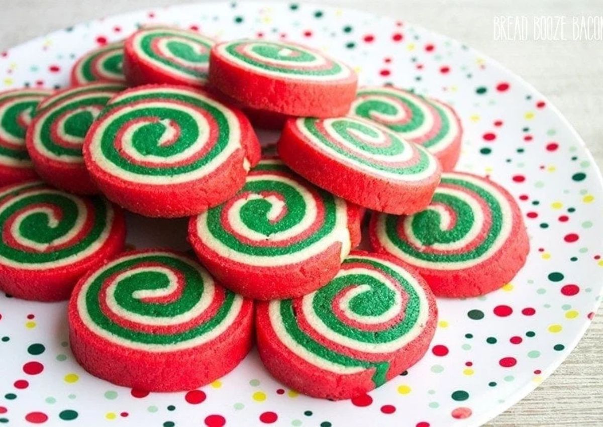 Pinwheel cookies on a platter.