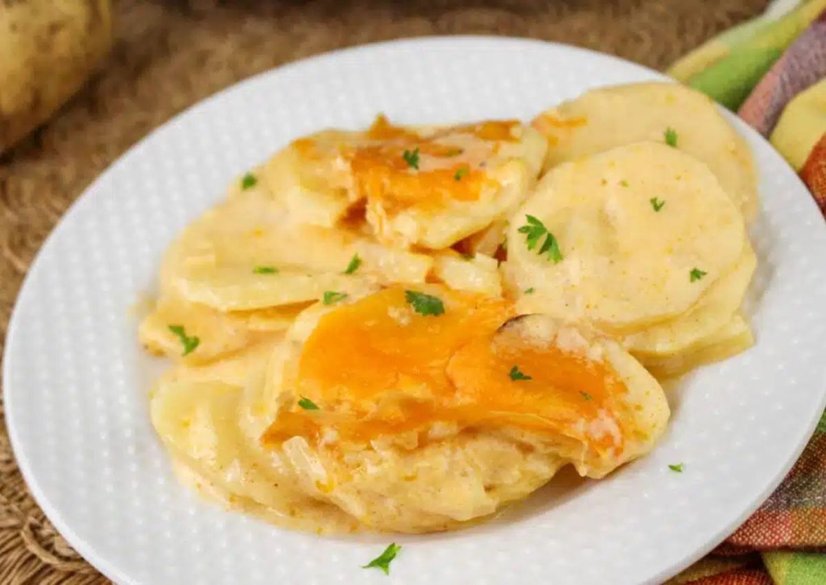 Au gratin potatoes on plate.