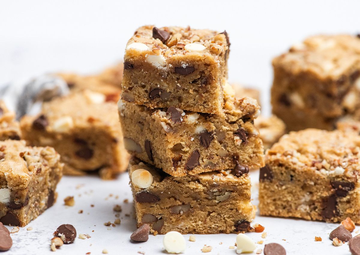 Pecan blondies in a stack.