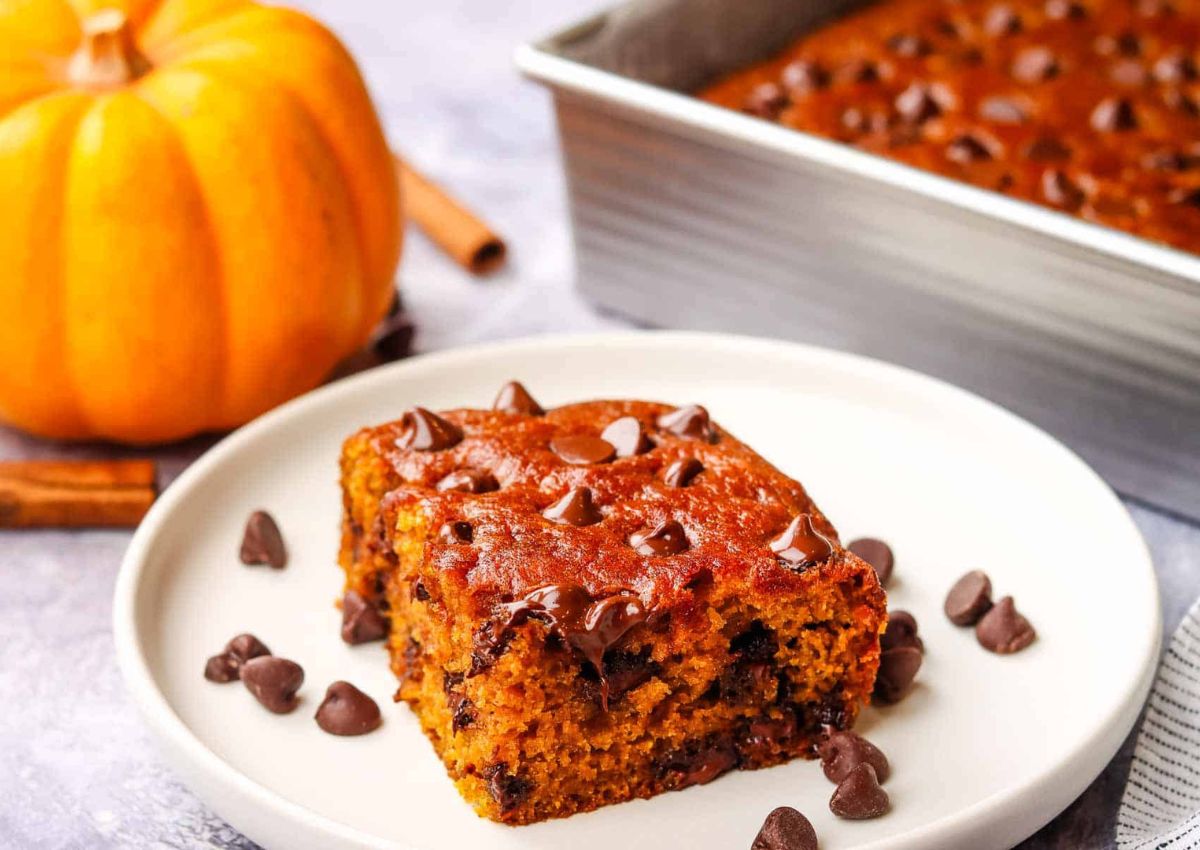 Slice of pumpkin chocolate chip cake on a plate.