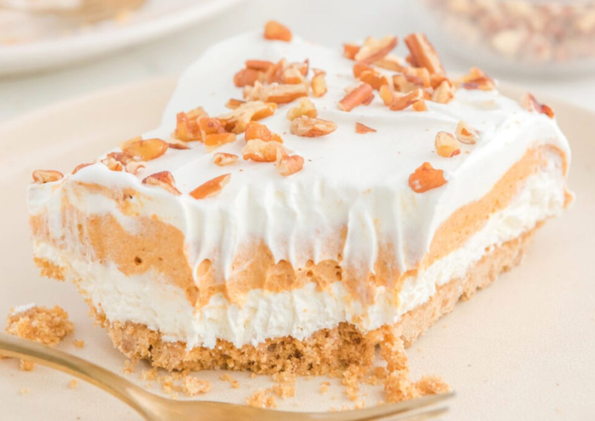 Slice of pumpkin layered dessert.