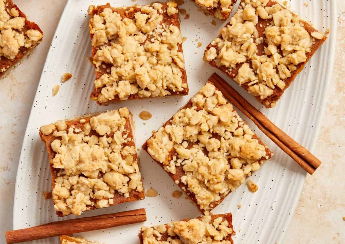 Pumpkin oatmeal bars on a plate.