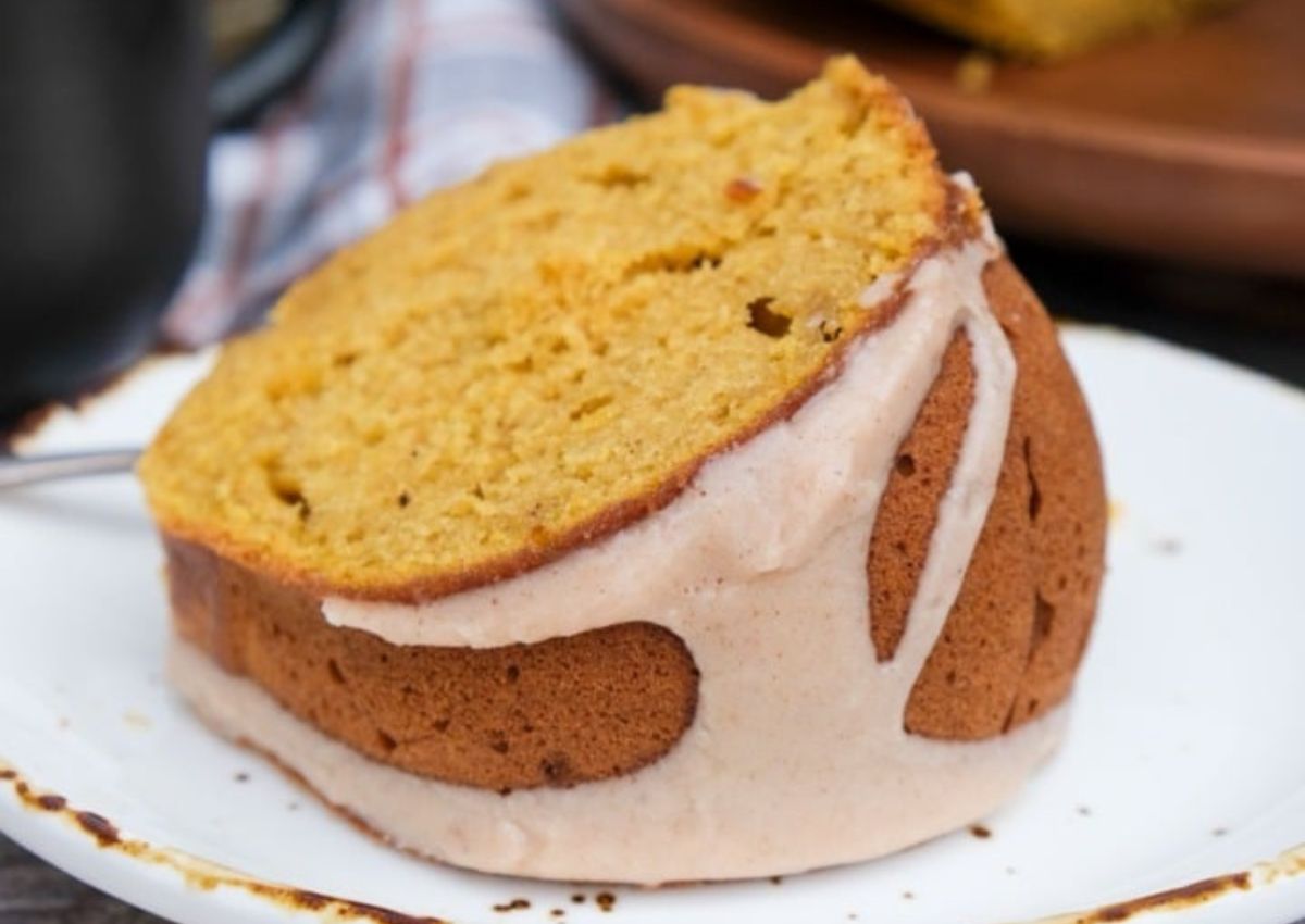 Slice of pumpkin pound cake.