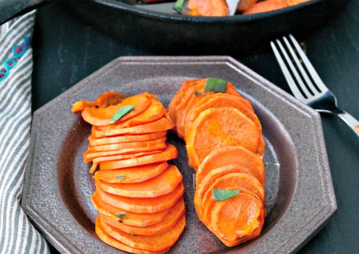Roasted sweet potatoes on plate.
