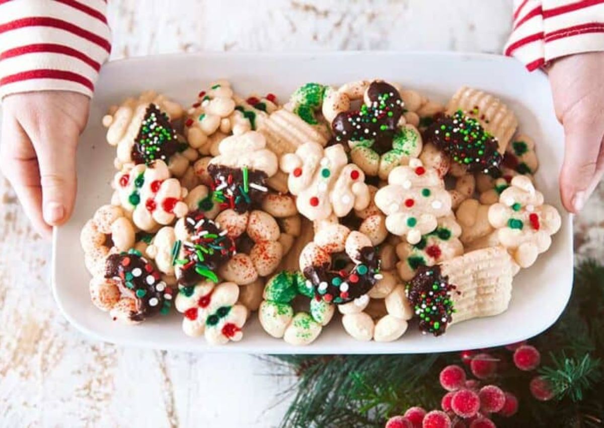 Sprtiz cookies on a serving platter.