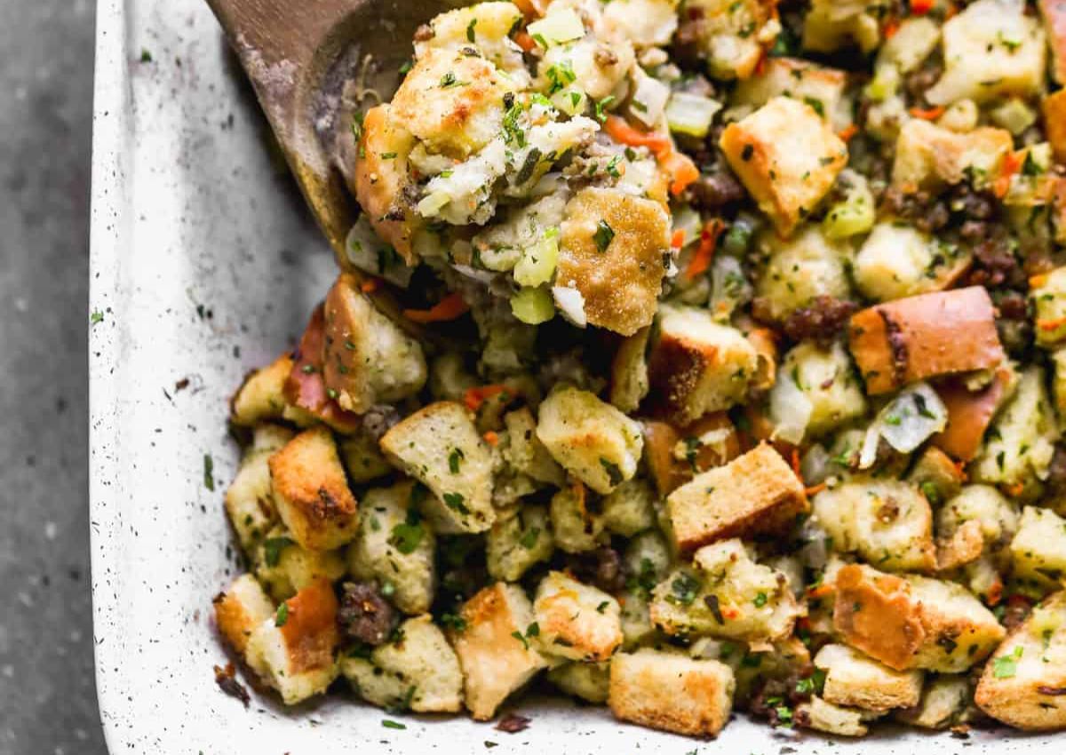 Stuffing in baking dish.