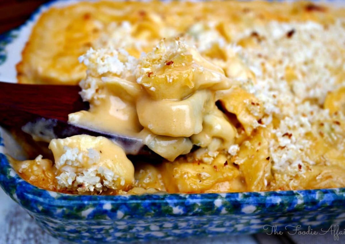 Tortellini in baking dish.