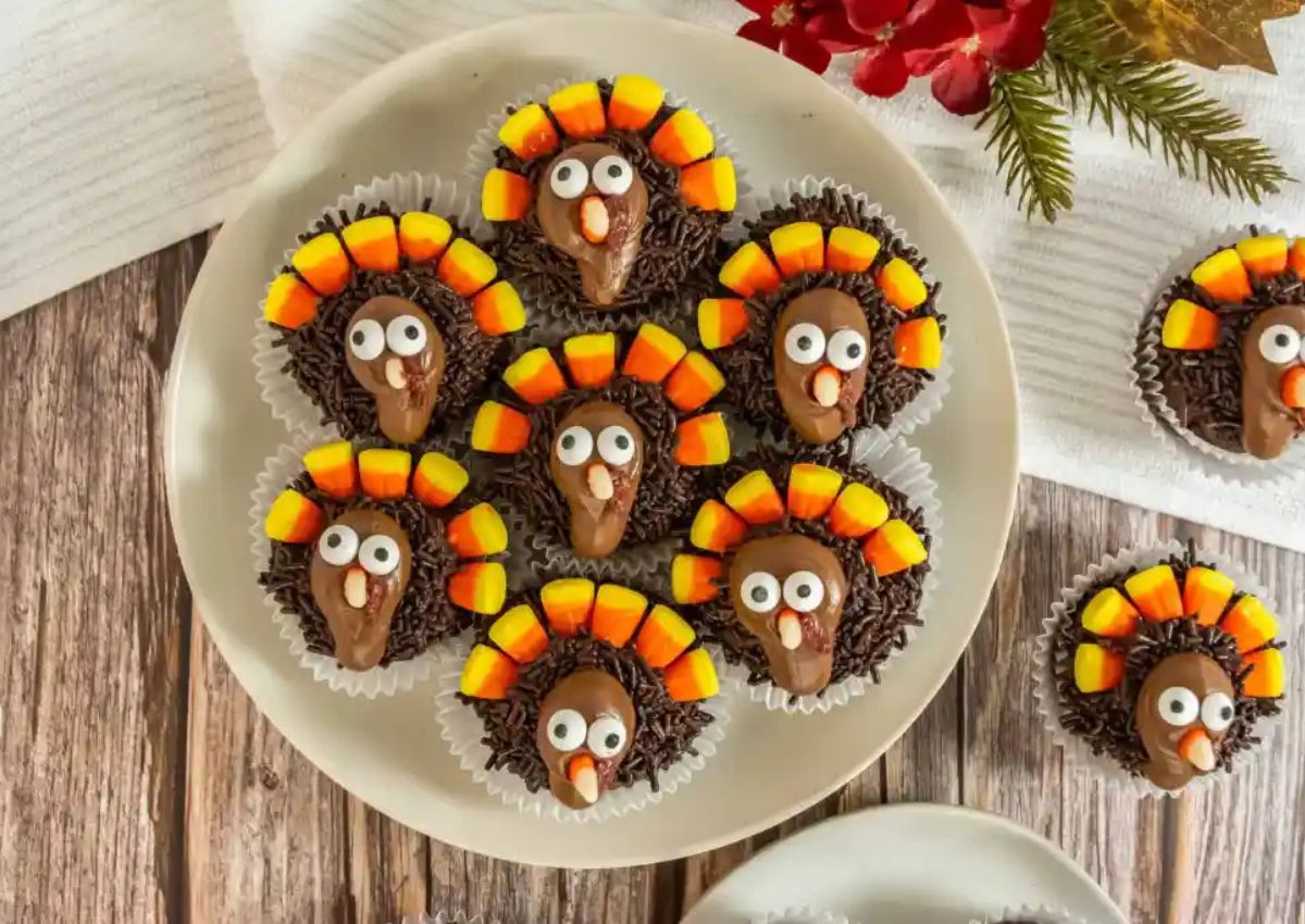 Turkey cupcakes on a plate.
