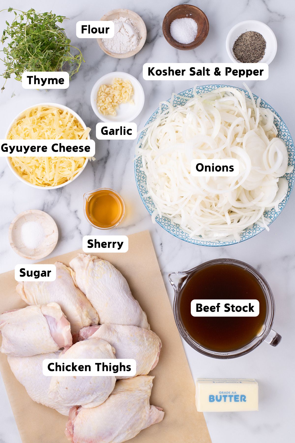 Ingredients for french onion chicken soup.