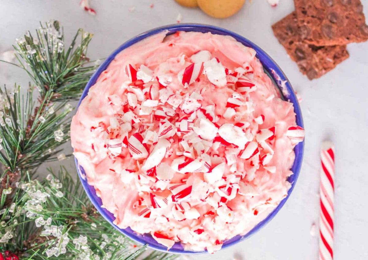 Bowl of candy cane dip.