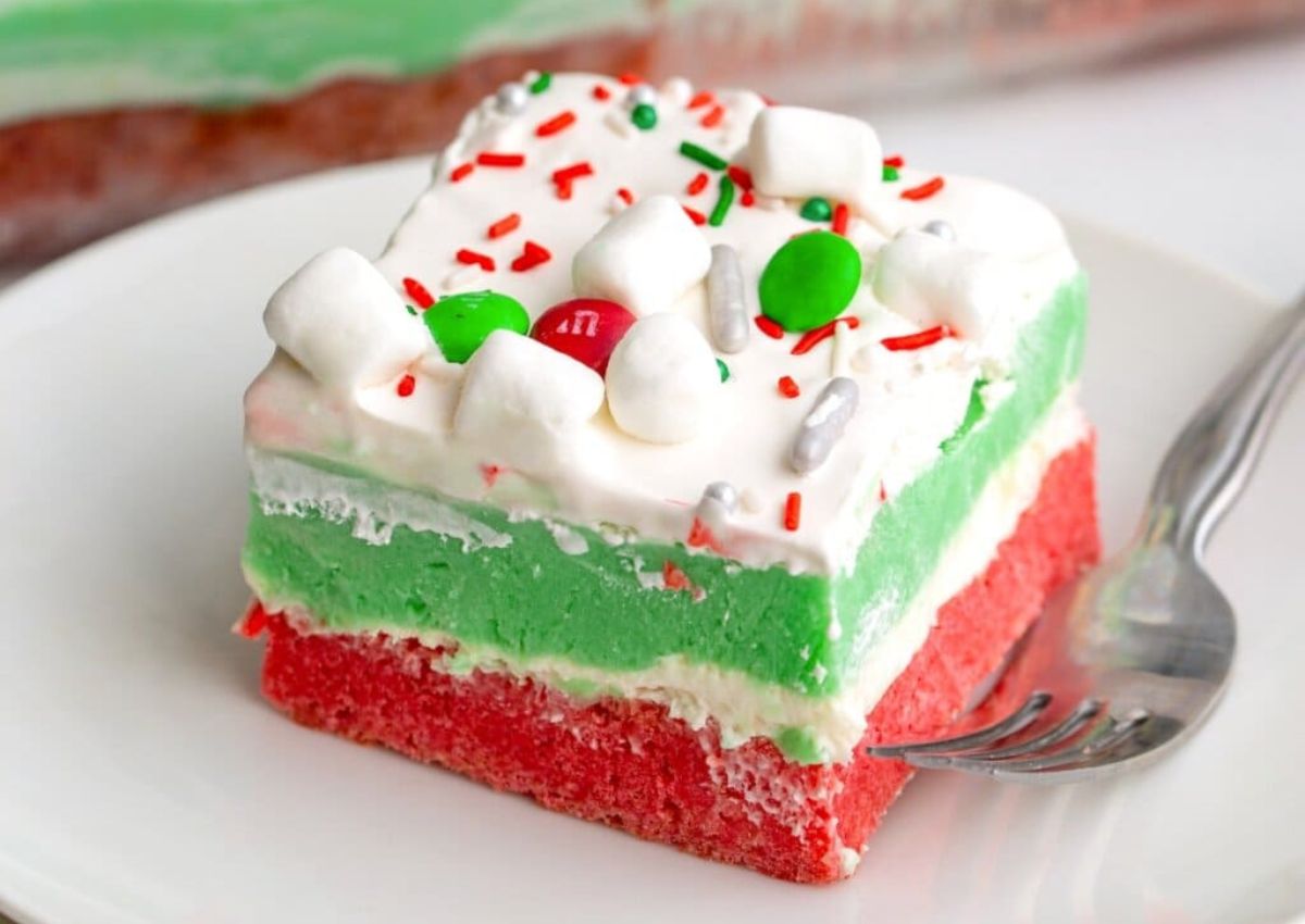 Layered cake in christmas colors on a plate