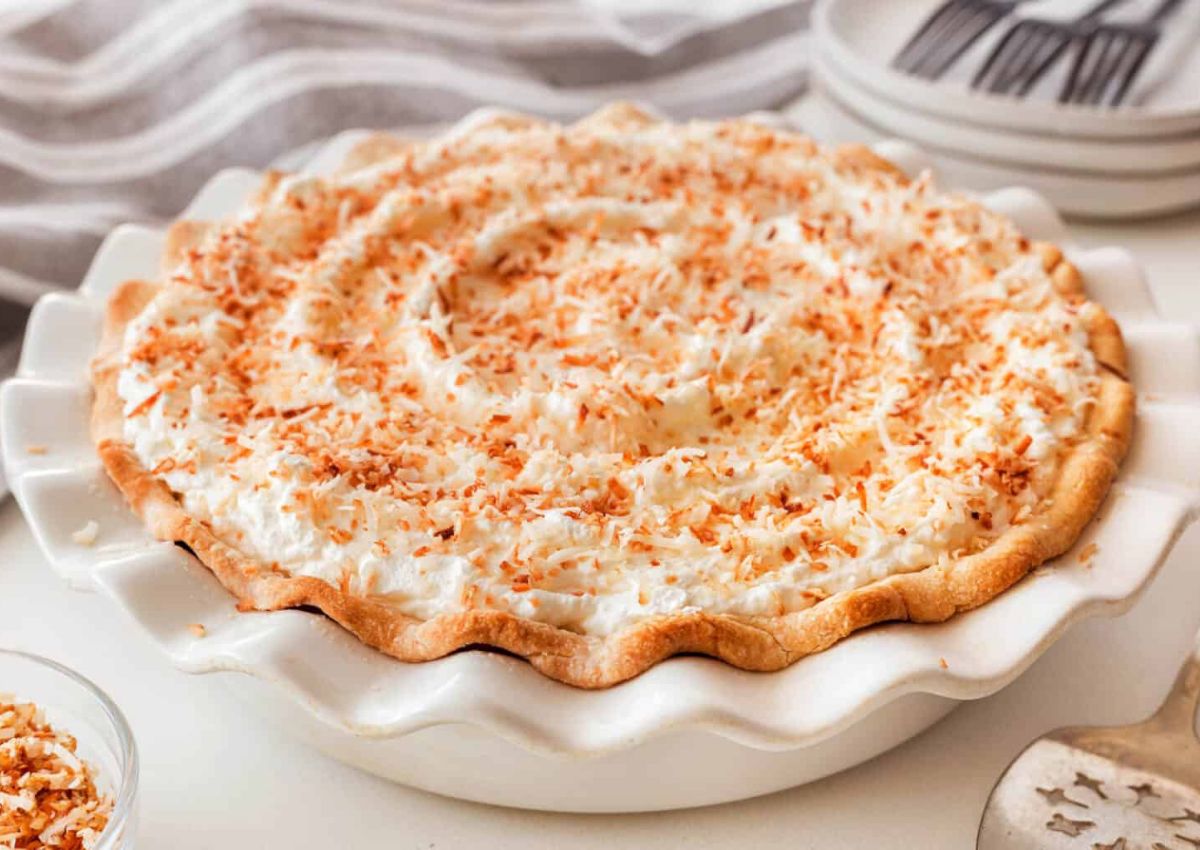 Coconut cream pie in a baking dish.