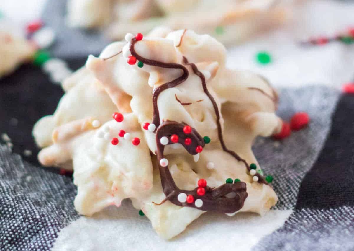 Peppermint Crockpot Candy with chocolate drizzle
