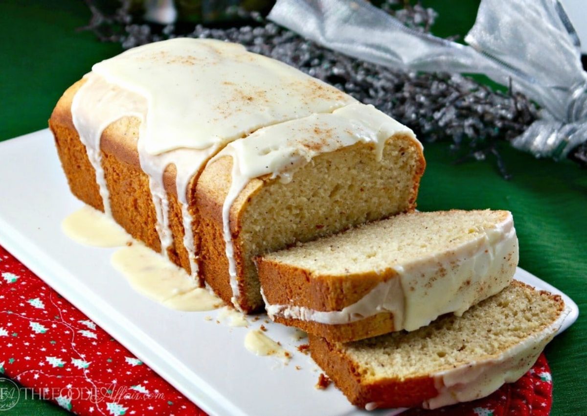 Slices of eggnog bread on a platter.