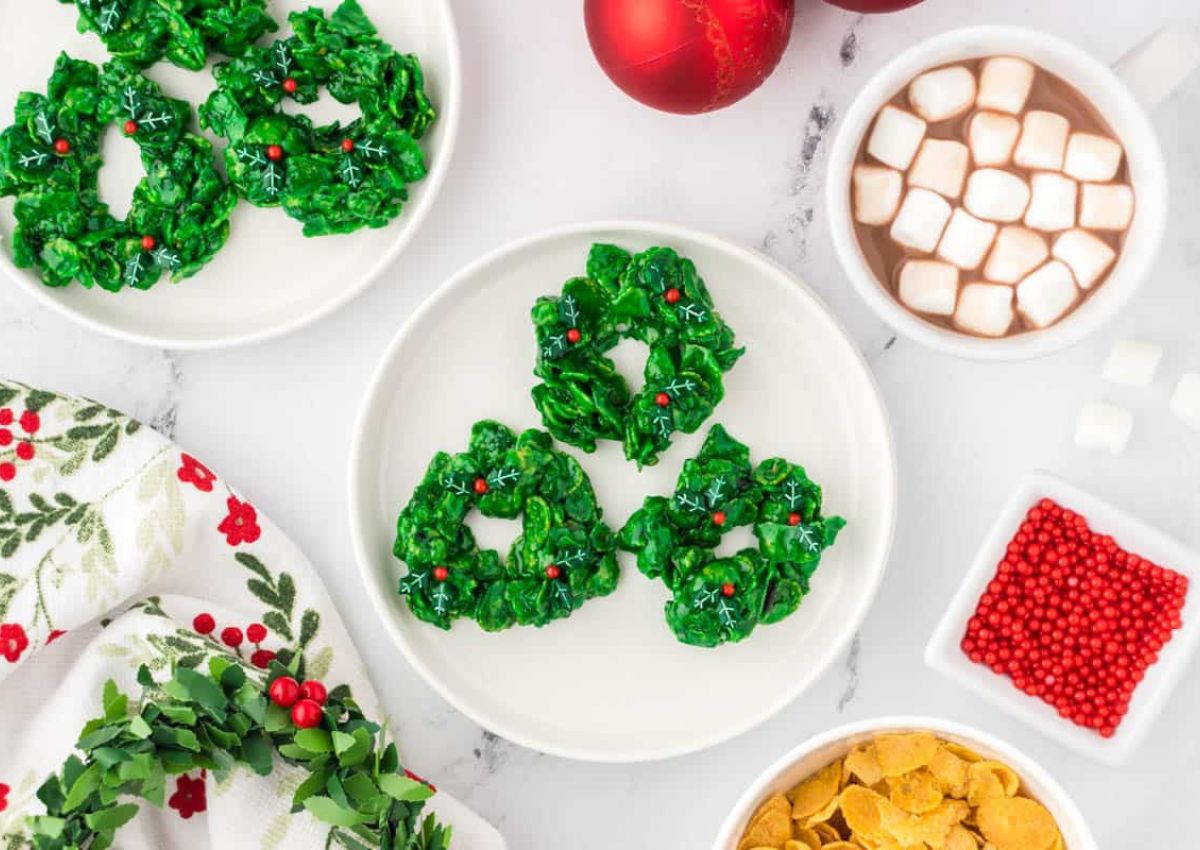 No Bake Holly Cookies on a plate.