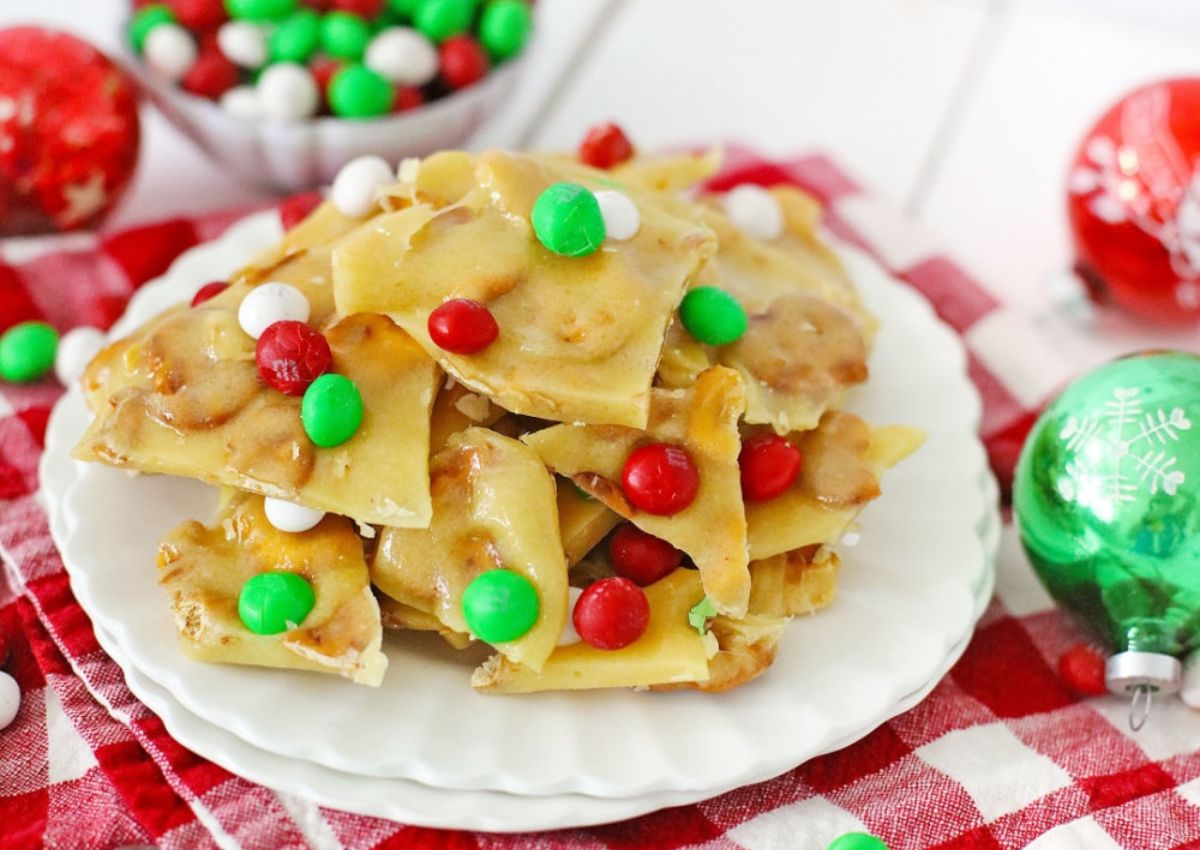 M&M Christmas Brittle on a plate