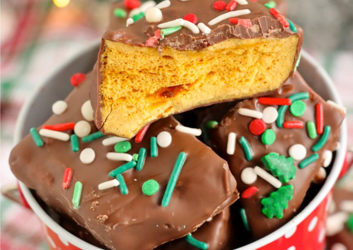 Sponge Candy salty toffee flavor, coated in pure melted chocolate.
