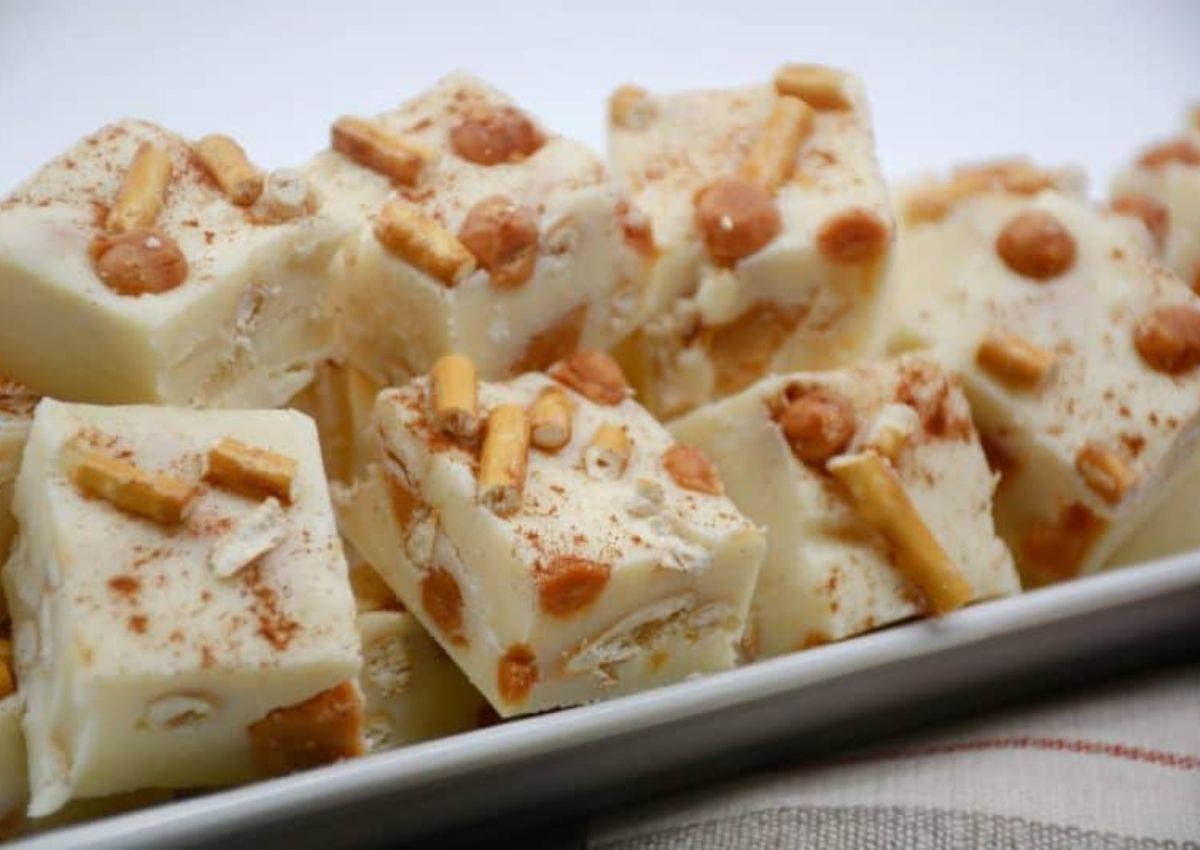 Whiskey Caramel Pretzel Fudge on plate