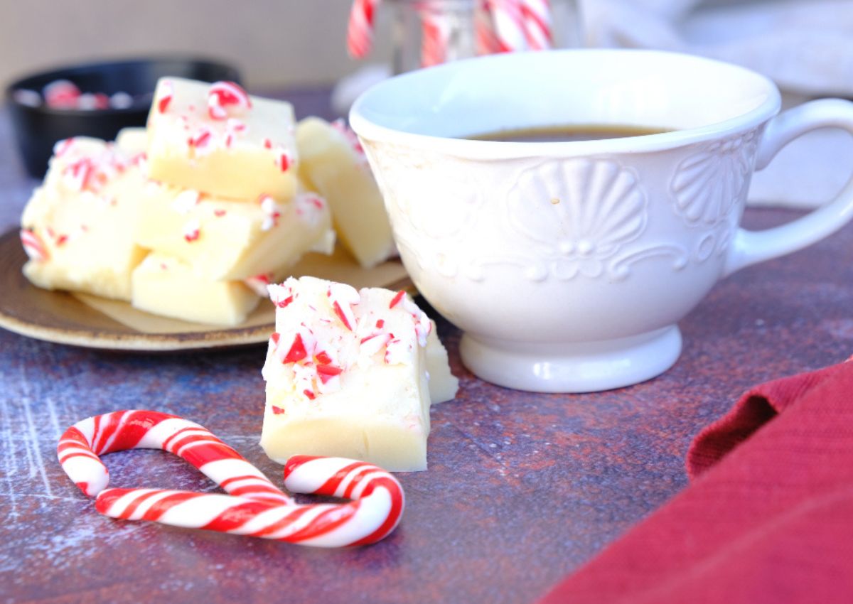 Chocolate Peppermint Fudge on a plate with a cup of coffee