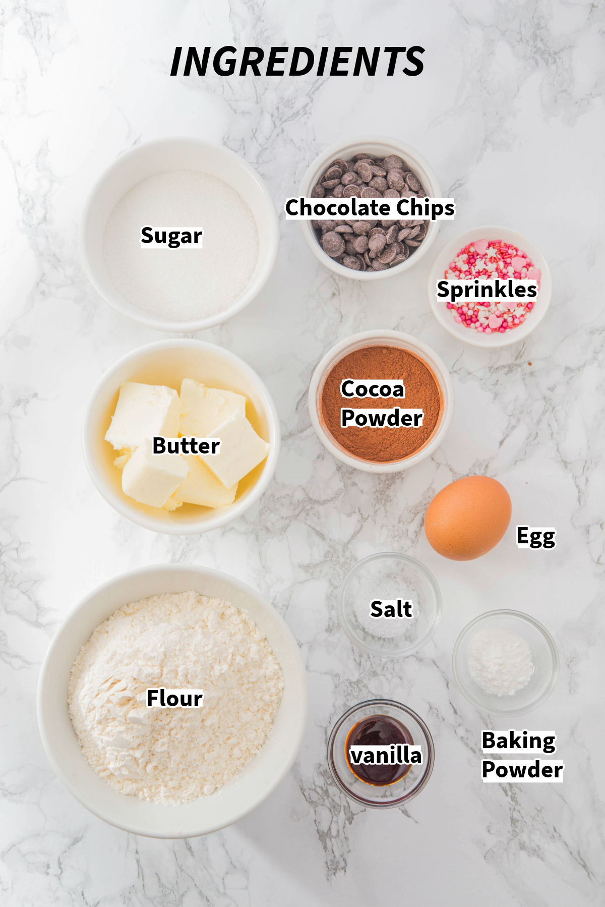 Top view of ingredients to bake chocolate sugar cookies. 