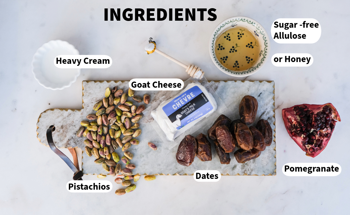 Top view of ingredients to make cheese stuffed dates.