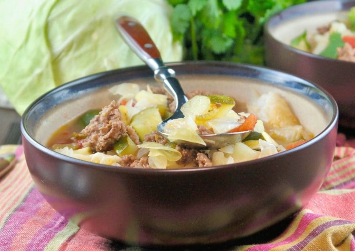 Bowl of beef cabbage soup.
