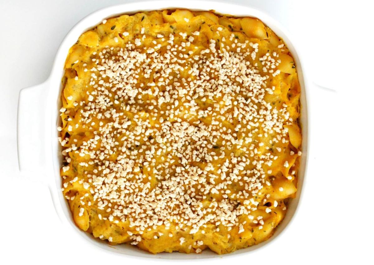 White baking dish full of butternut mac and cheese.