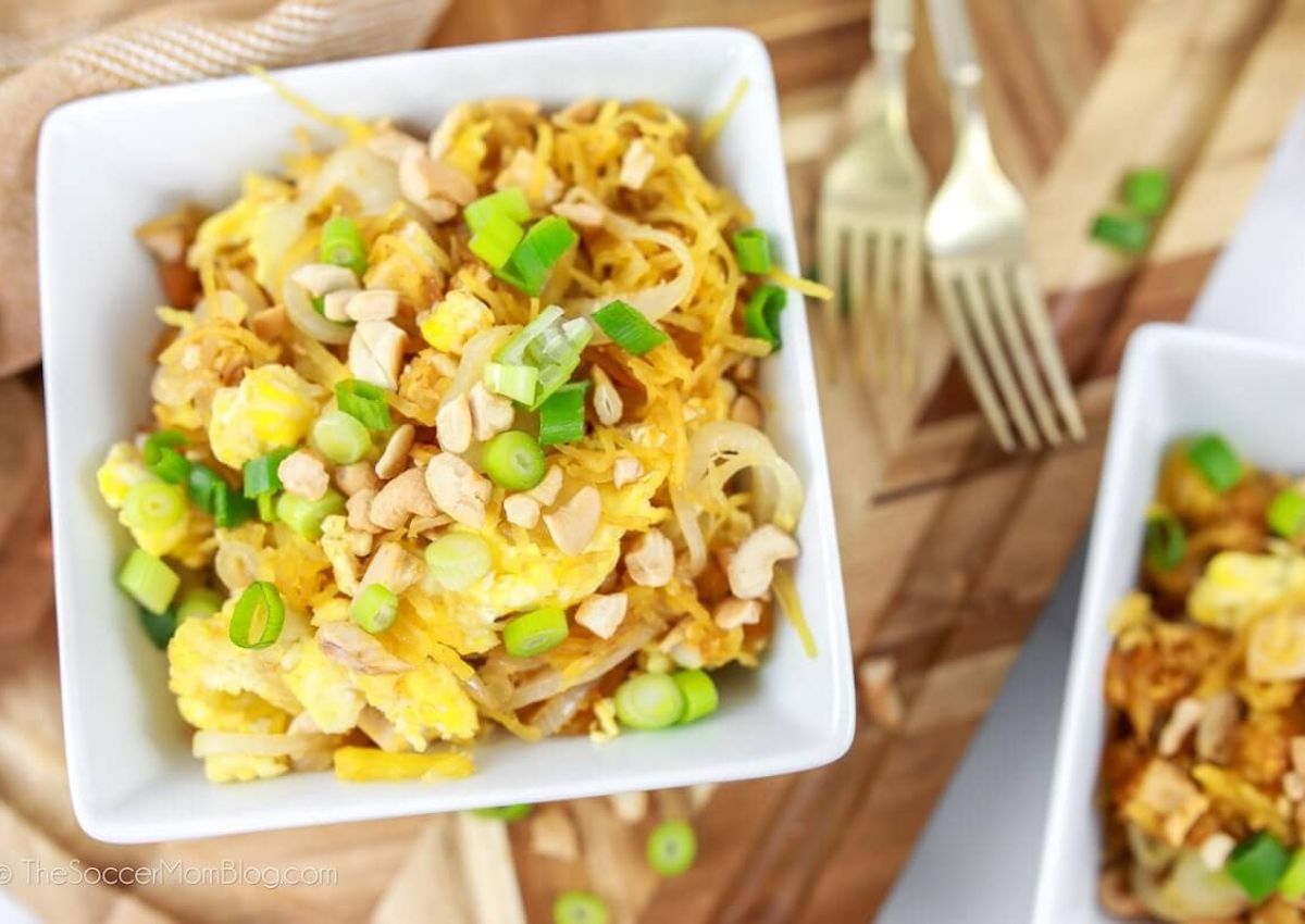 White bowl filled with butternut pad thai.