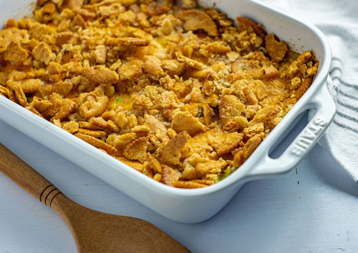 Casserole dish full of cabbage casserole.